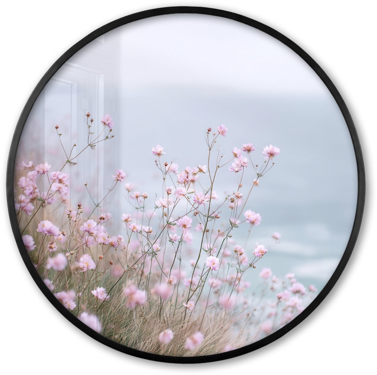 FrameYourWall Poster in lijst Rond - Fotolijst 60x60 cm - Posters - Klif - Bloemen - Zee - Roze - Ronde posterlijst zwart - Decoratie - Wanddecoratie woonkamer - Muurdecoratie slaapkamer