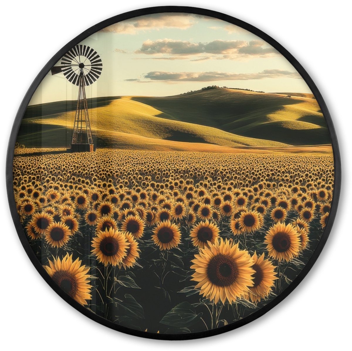 FrameYourWall Poster in lijst Rond - Fotolijst 80x80 cm - Posters - Zonnebloem - Veld - Windmolen - Ronde posterlijst zwart - Decoratie - Wanddecoratie woonkamer - Muurdecoratie slaapkamer