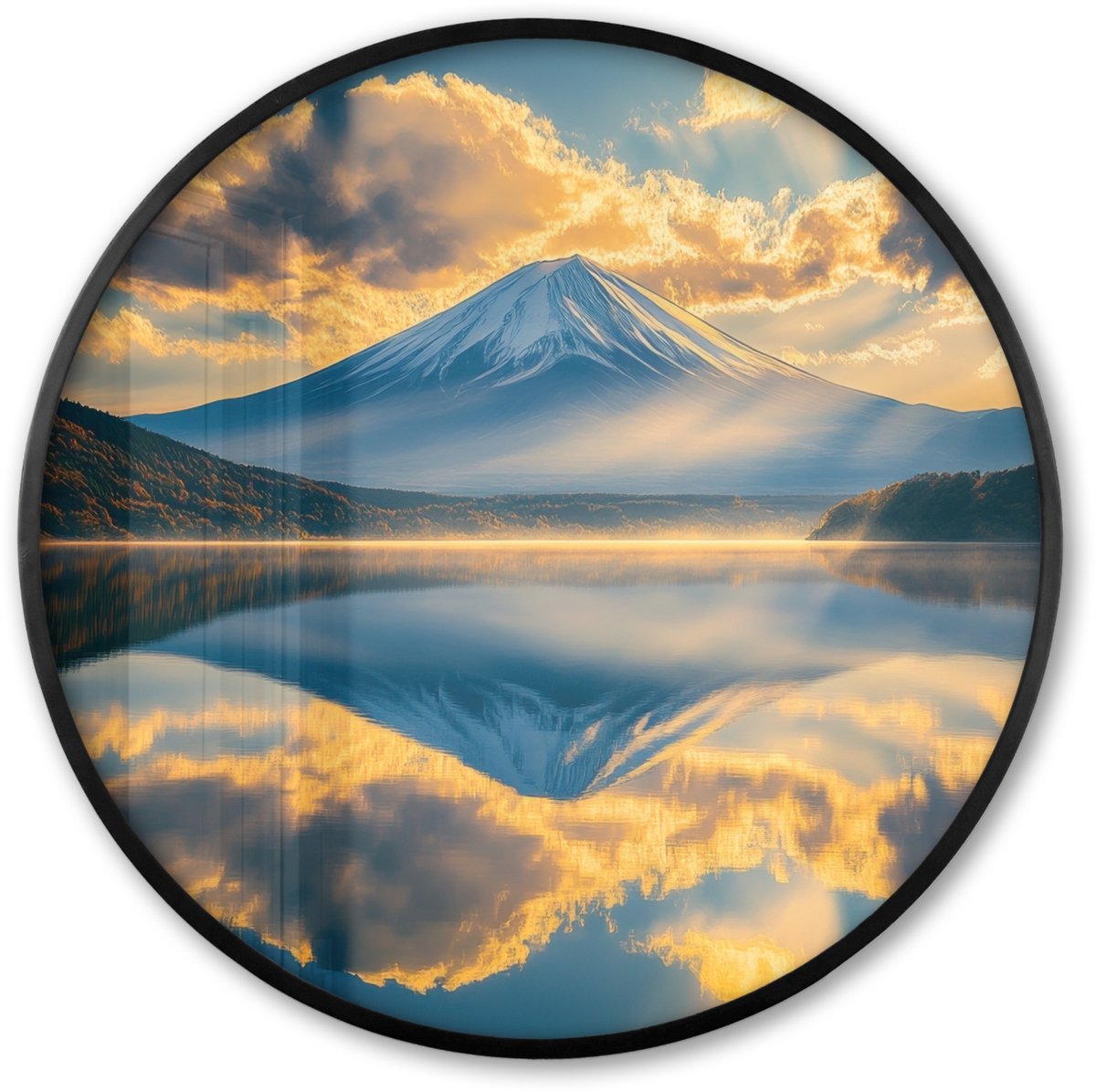 FrameYourWall Poster in lijst Rond - Fotolijst 60x60 cm - Posters - Berg - Rivier - Zonsondergang - Ronde posterlijst zwart - Decoratie - Wanddecoratie woonkamer - Muurdecoratie slaapkamer Landschap - Bergen