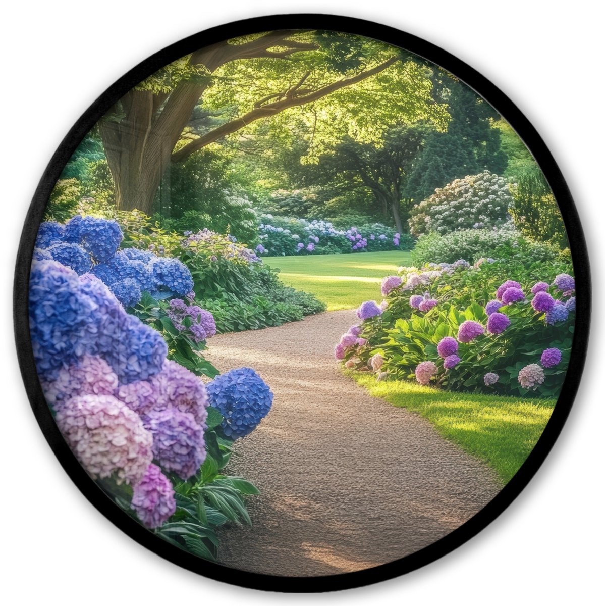 FrameYourWall Poster in lijst Rond - Fotolijst 40x40 cm - Posters - Hortensia- Park - Pad - Ronde posterlijst zwart - Decoratie - Wanddecoratie woonkamer - Muurdecoratie slaapkamer Hortensia - Tuin