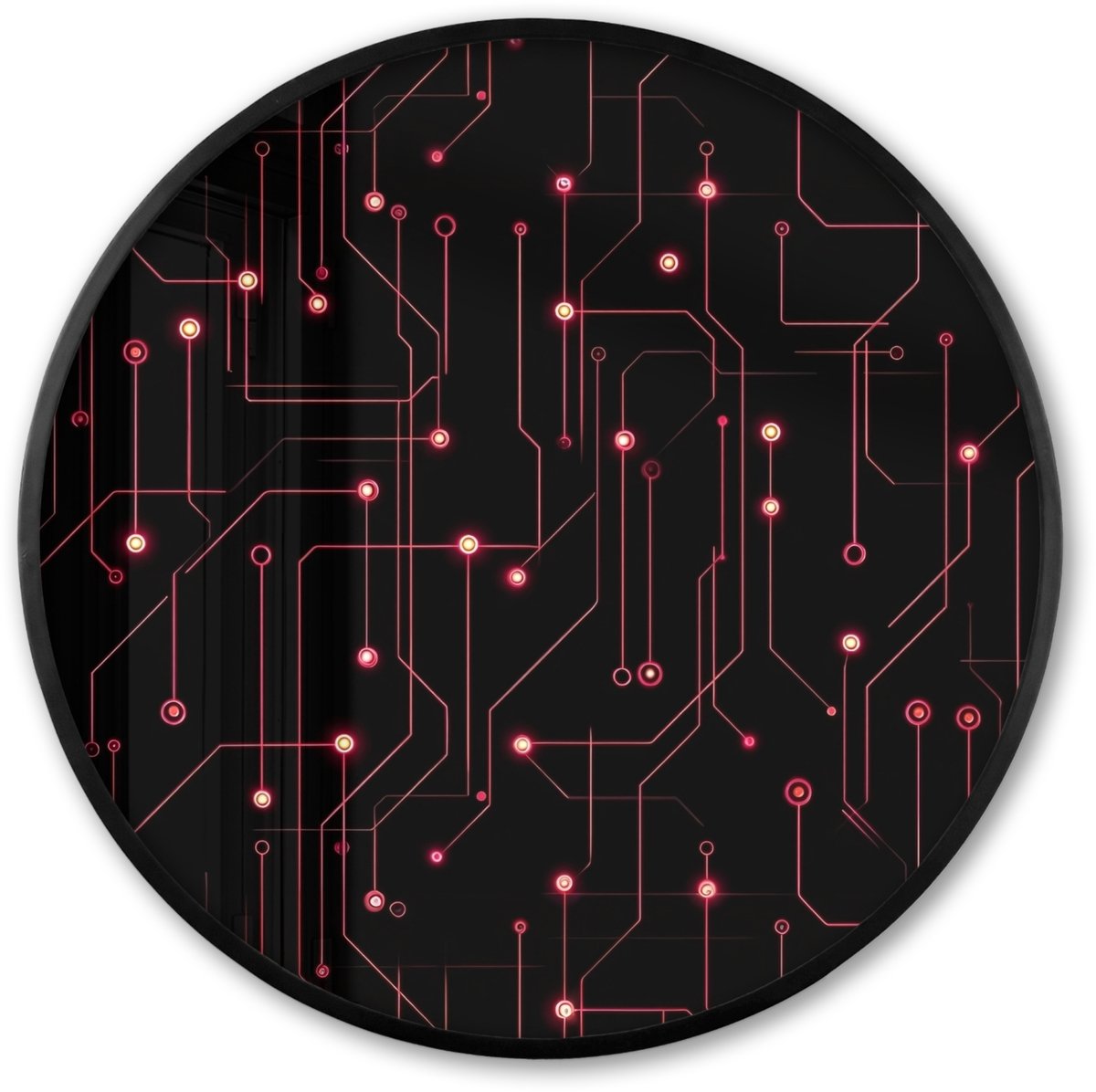 FrameYourWall Poster in lijst Rond - Fotolijst 80x80 cm - Posters - Gaming - Lijnen - Netwerk - Stippen - Rood - Ronde posterlijst zwart - Decoratie - Wanddecoratie woonkamer - Muurdecoratie slaapkamer