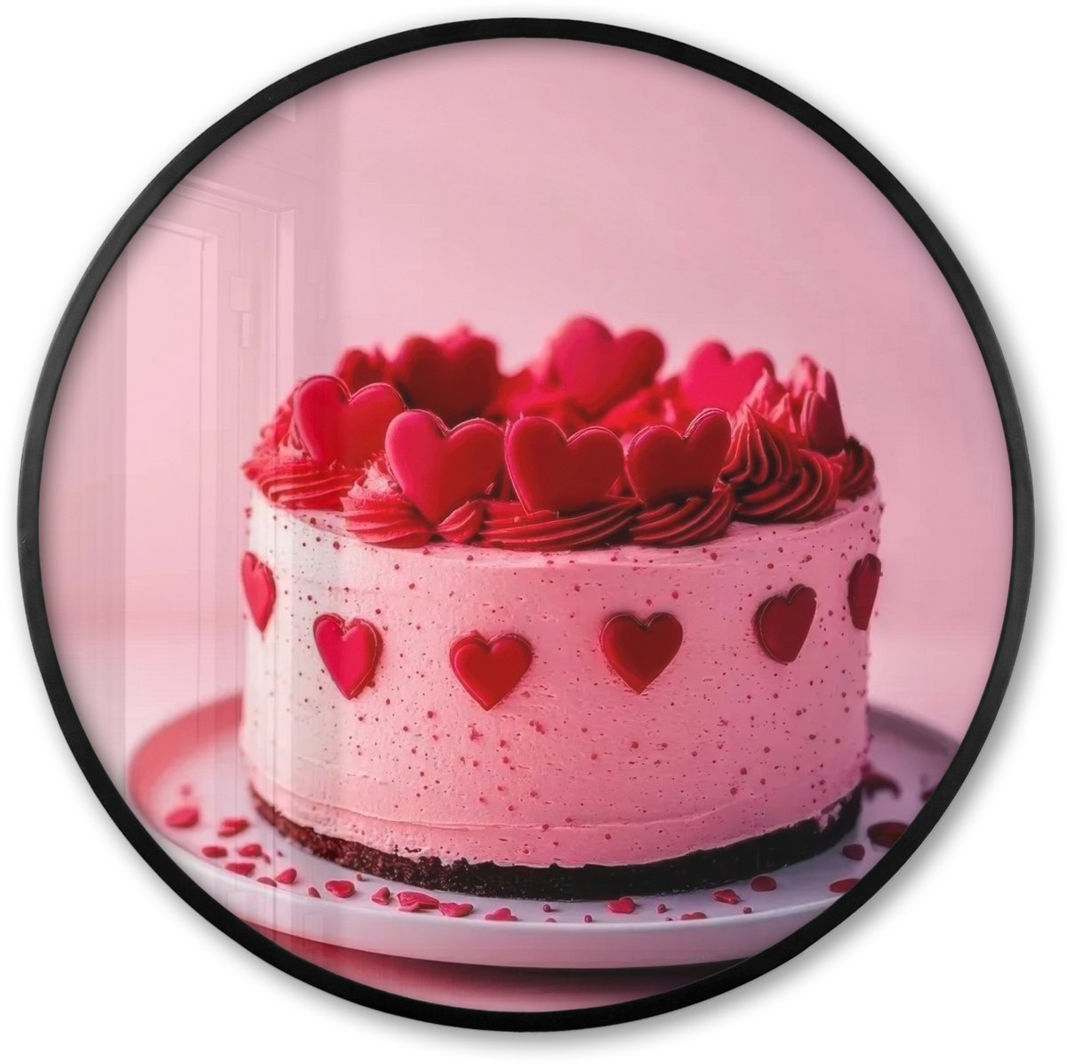 FrameYourWall Poster in lijst Rond - Fotolijst 60x60 cm - Posters - Taart - Hart - Roze - Ronde posterlijst zwart - Decoratie - Wanddecoratie woonkamer - Muurdecoratie slaapkamer Taart - Hartjes
