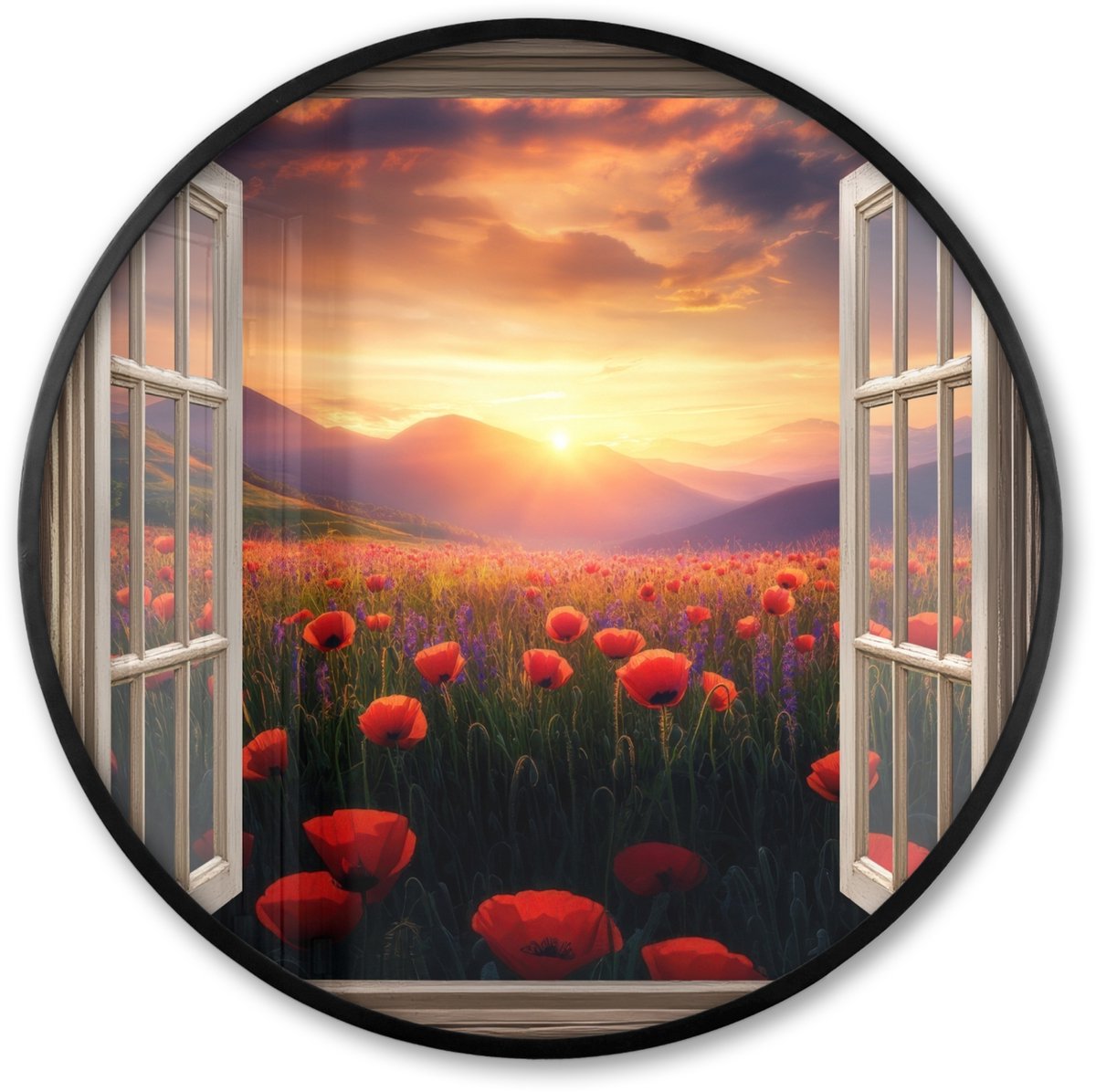 FrameYourWall Poster in lijst Rond - Fotolijst 80x80 cm - Posters - Doorkijk - Klaprozen - Bloemen - Rood - Open raam - Ronde posterlijst zwart - Decoratie - Wanddecoratie woonkamer - Muurdecoratie slaapkamer