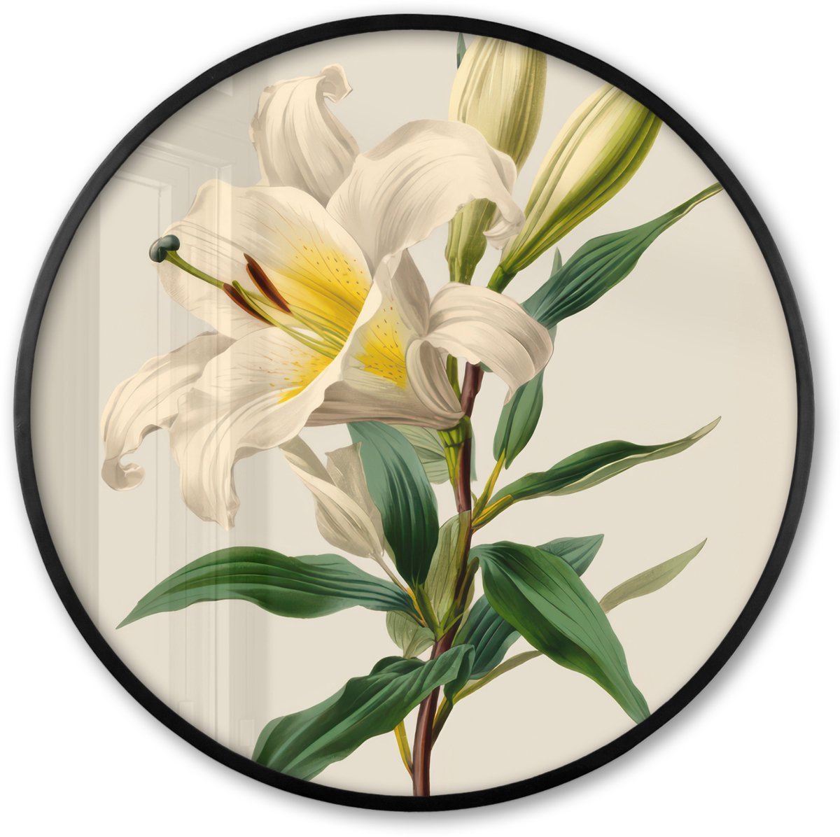 FrameYourWall Poster in lijst Rond - Fotolijst 60x60 cm - Posters - Lelie - Elegant - Botanisch - Beige - Ronde posterlijst zwart - Decoratie - Wanddecoratie woonkamer - Muurdecoratie slaapkamer