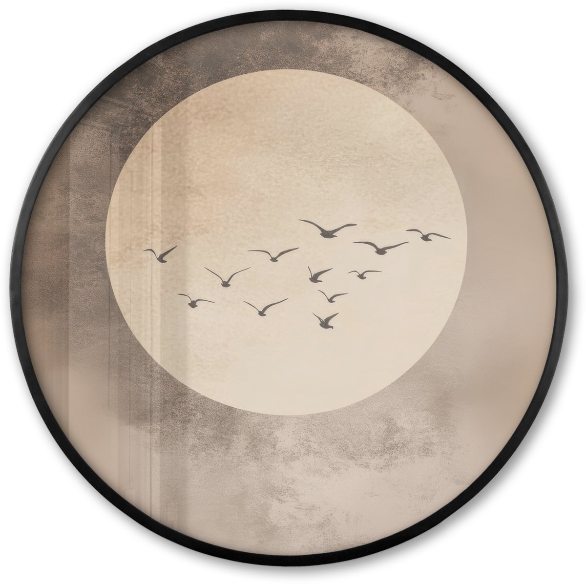 FrameYourWall Poster in lijst Rond - Fotolijst 60x60 cm - Posters - Vogel - Beige - Japandi - Ronde posterlijst zwart - Decoratie - Wanddecoratie woonkamer - Muurdecoratie slaapkamer Japandi - Vogels