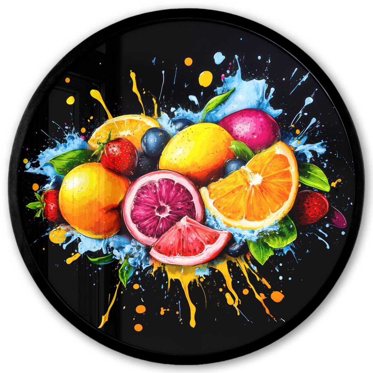 FrameYourWall Poster in lijst Rond - Fotolijst 40x40 cm - Posters - Fruit - Graffiti - Kleurrijk - Sinaasappel - Aardbei - Abstract - Ronde posterlijst zwart - Decoratie - Wanddecoratie woonkamer - Muurdecoratie slaapkamer Graffiti - Fruit