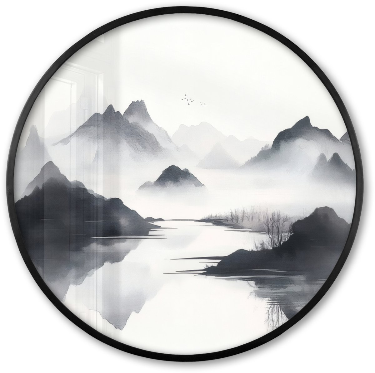 FrameYourWall Poster in lijst Rond - Fotolijst 60x60 cm - Posters - Bergen - Mistig - Water - Wit - Ronde posterlijst zwart - Decoratie - Wanddecoratie woonkamer - Muurdecoratie slaapkamer