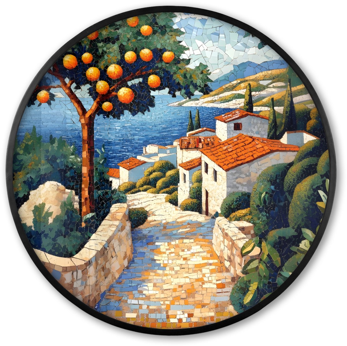 FrameYourWall Poster in lijst Rond - Fotolijst 80x80 cm - Posters - Huizen - Mozaïek - Sinaasappelbomen - Zee - Ronde posterlijst zwart - Decoratie - Wanddecoratie woonkamer - Muurdecoratie slaapkamer Dorp - Zee - Mozaïek
