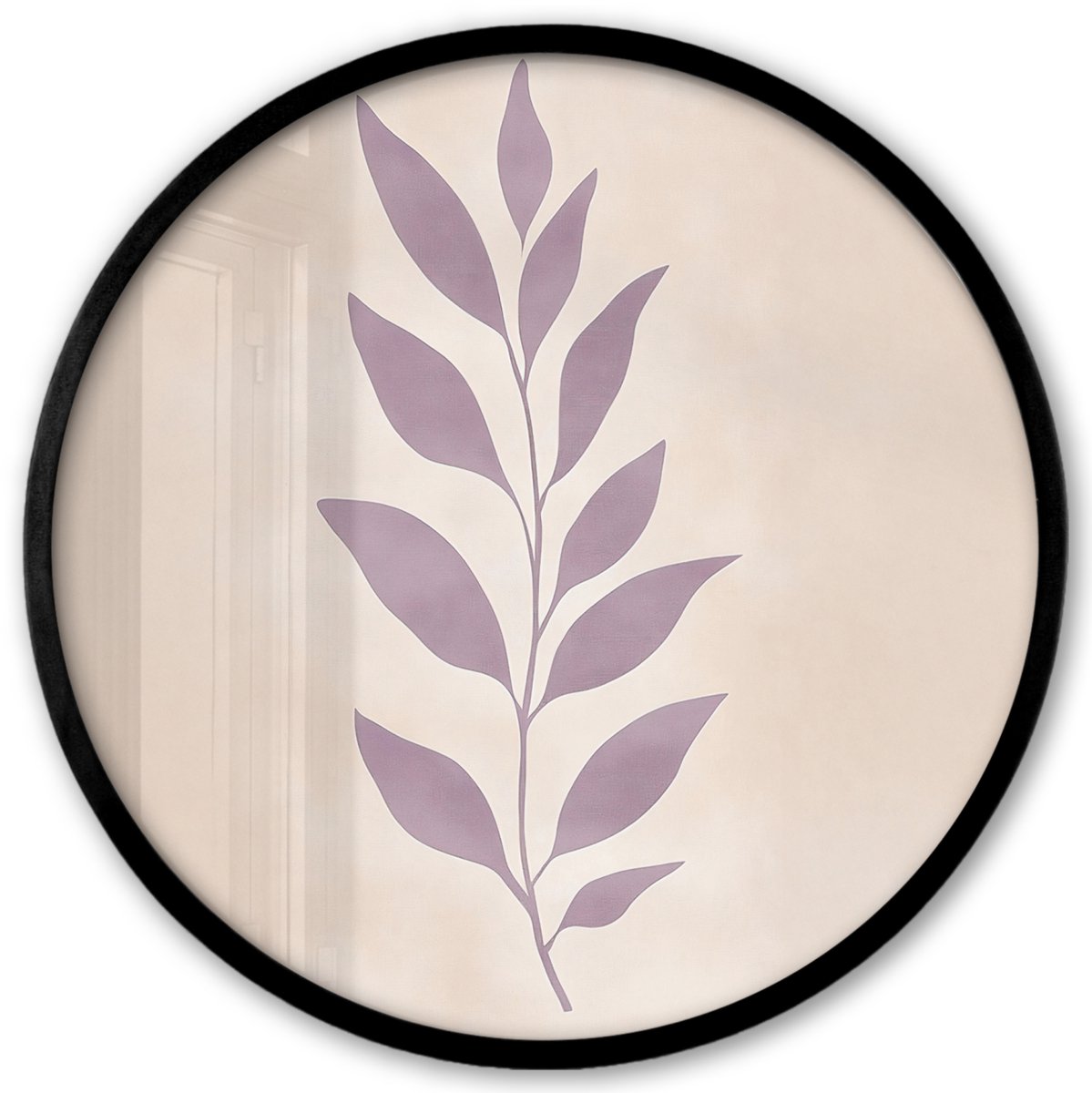 FrameYourWall Poster in lijst Rond - Fotolijst 40x40 cm - Posters - Tak - Bladeren - Minimalistisch - Beige - Ronde posterlijst zwart - Decoratie - Wanddecoratie woonkamer - Muurdecoratie slaapkamer Blad - Minimalistisch