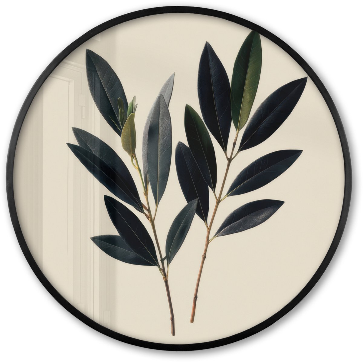FrameYourWall Poster in lijst Rond - Fotolijst 60x60 cm - Posters - Ovaalvormige bladeren - Diep groen - Symmetrisch - Ronde posterlijst zwart - Decoratie - Wanddecoratie woonkamer - Muurdecoratie slaapkamer