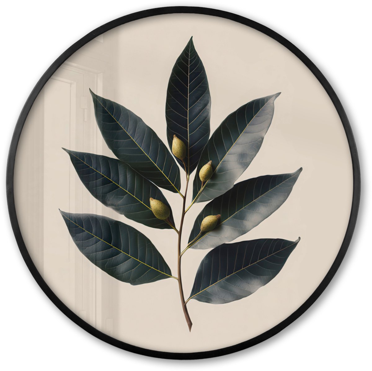 FrameYourWall Poster in lijst Rond - Fotolijst 60x60 cm - Posters - Laurierbladeren - Bloemknoppen - subtiel - Ronde posterlijst zwart - Decoratie - Wanddecoratie woonkamer - Muurdecoratie slaapkamer