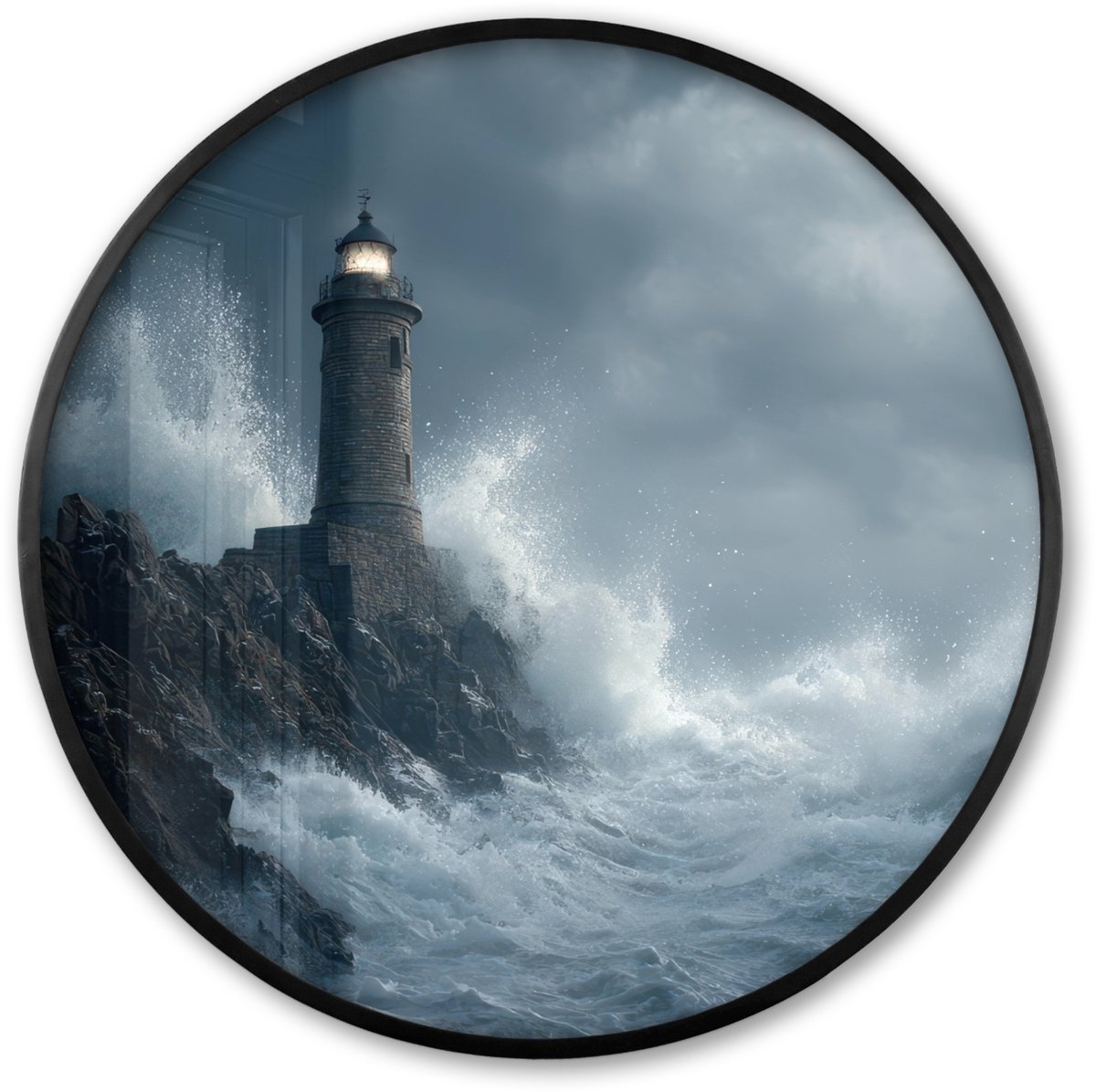 FrameYourWall Poster in lijst Rond - Fotolijst 60x60 cm - Posters - Rotsen - Vuurtoren - Golven - Klliffen - Ronde posterlijst zwart - Decoratie - Wanddecoratie woonkamer - Muurdecoratie slaapkamer Rotsen - Golven - Vuurtoren