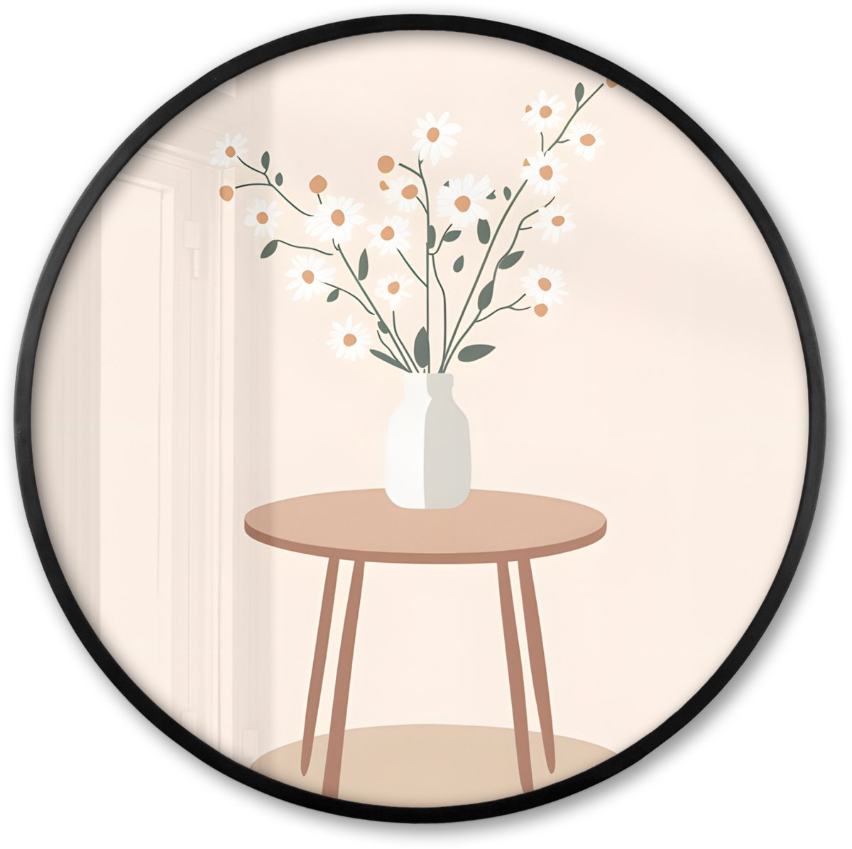 FrameYourWall Poster in lijst Rond - Fotolijst 80x80 cm - Posters - Vaas - Bloemen - Madeliefjes - Beige - Ronde posterlijst zwart - Decoratie - Wanddecoratie woonkamer - Muurdecoratie slaapkamer Tafeltje - Bloemen