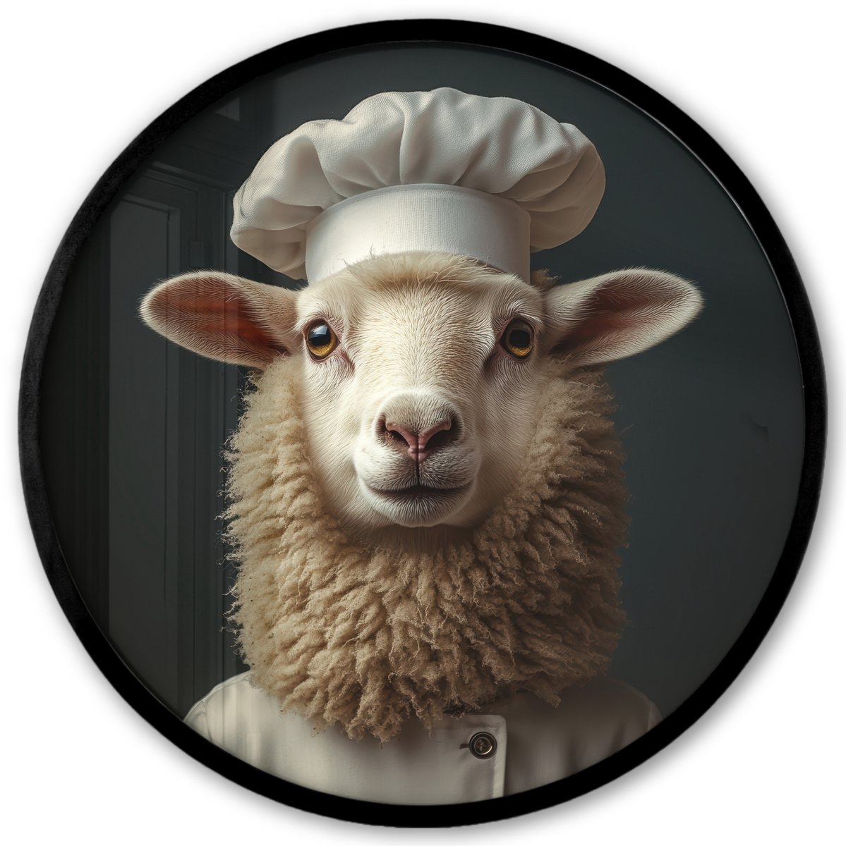 FrameYourWall Poster in lijst Rond - Fotolijst 40x40 cm - Posters - Schaap - Wol - Kok - Ronde posterlijst zwart - Decoratie - Wanddecoratie woonkamer - Muurdecoratie slaapkamer Schaap - Kok