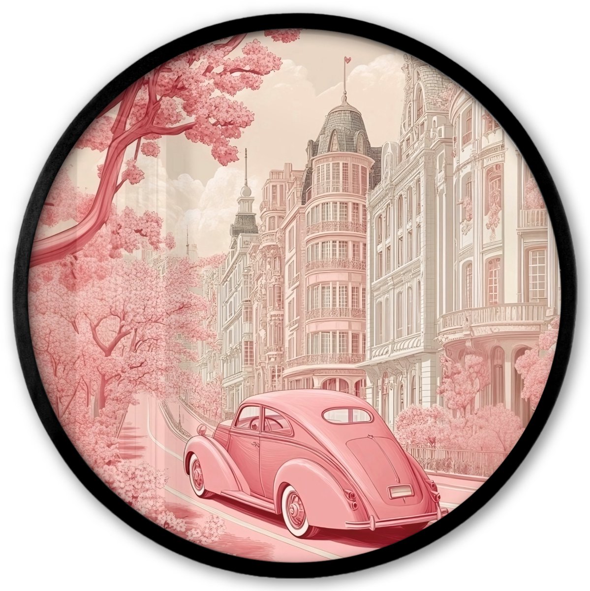 FrameYourWall Poster in lijst Rond - Fotolijst 40x40 cm - Posters - City - Car - Pink - Ronde posterlijst zwart - Decoratie - Wanddecoratie woonkamer - Muurdecoratie slaapkamer Auto - Stad