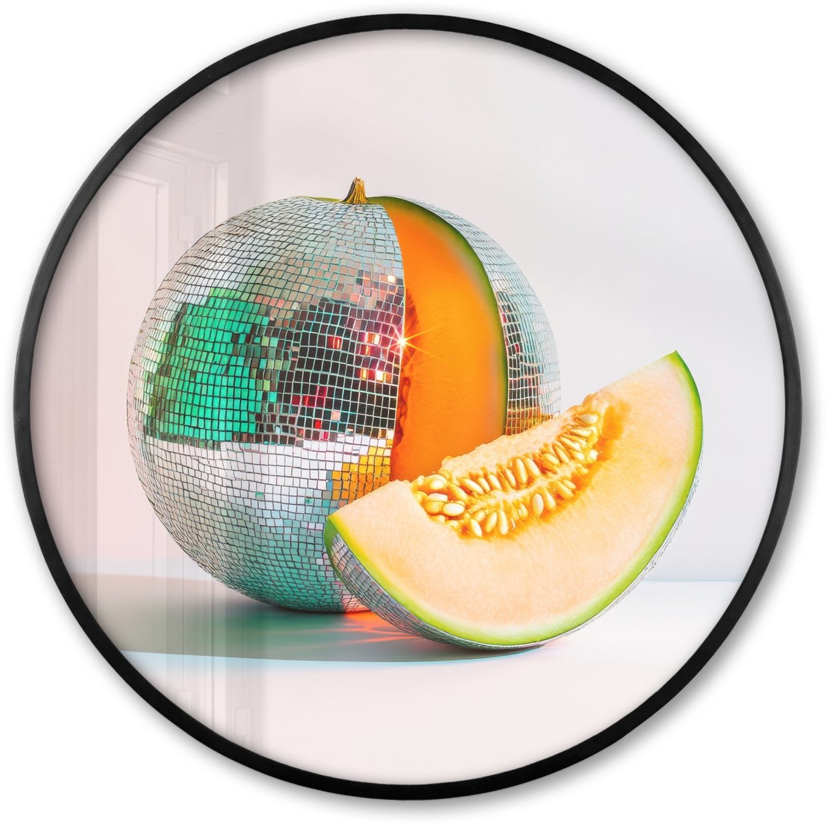 FrameYourWall Poster in lijst Rond - Fotolijst 60x60 cm - Posters - Disco - Discobal - Meloen - Pastel - Ronde posterlijst zwart - Decoratie - Wanddecoratie woonkamer - Muurdecoratie slaapkamer Disco - Meloen