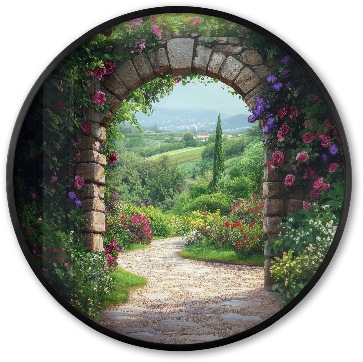 FrameYourWall Poster in lijst Rond - Fotolijst 80x80 cm - Posters - Doorkijk - Landschap - Bloemen - Pad - Uitzicht - Ronde posterlijst zwart - Decoratie - Wanddecoratie woonkamer - Muurdecoratie slaapkamer Poort - Landschap