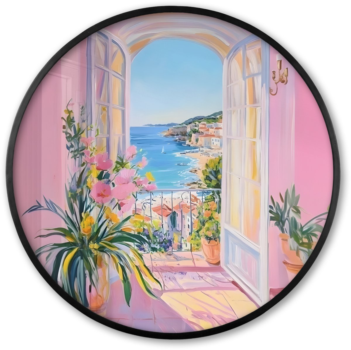 FrameYourWall Poster in lijst Rond - Fotolijst 80x80 cm - Posters - Roze - Buiten - Verf - Ronde posterlijst zwart - Decoratie - Wanddecoratie woonkamer - Muurdecoratie slaapkamer Strand - Balkon