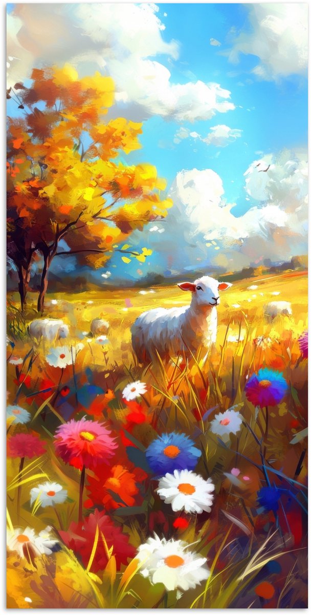 Poster 80x160 cm - Schaap - Weide - Bloemen - Posters - Kamer decoratie - Wanddecoratie woonkamer - Muurdecoratie slaapkamer