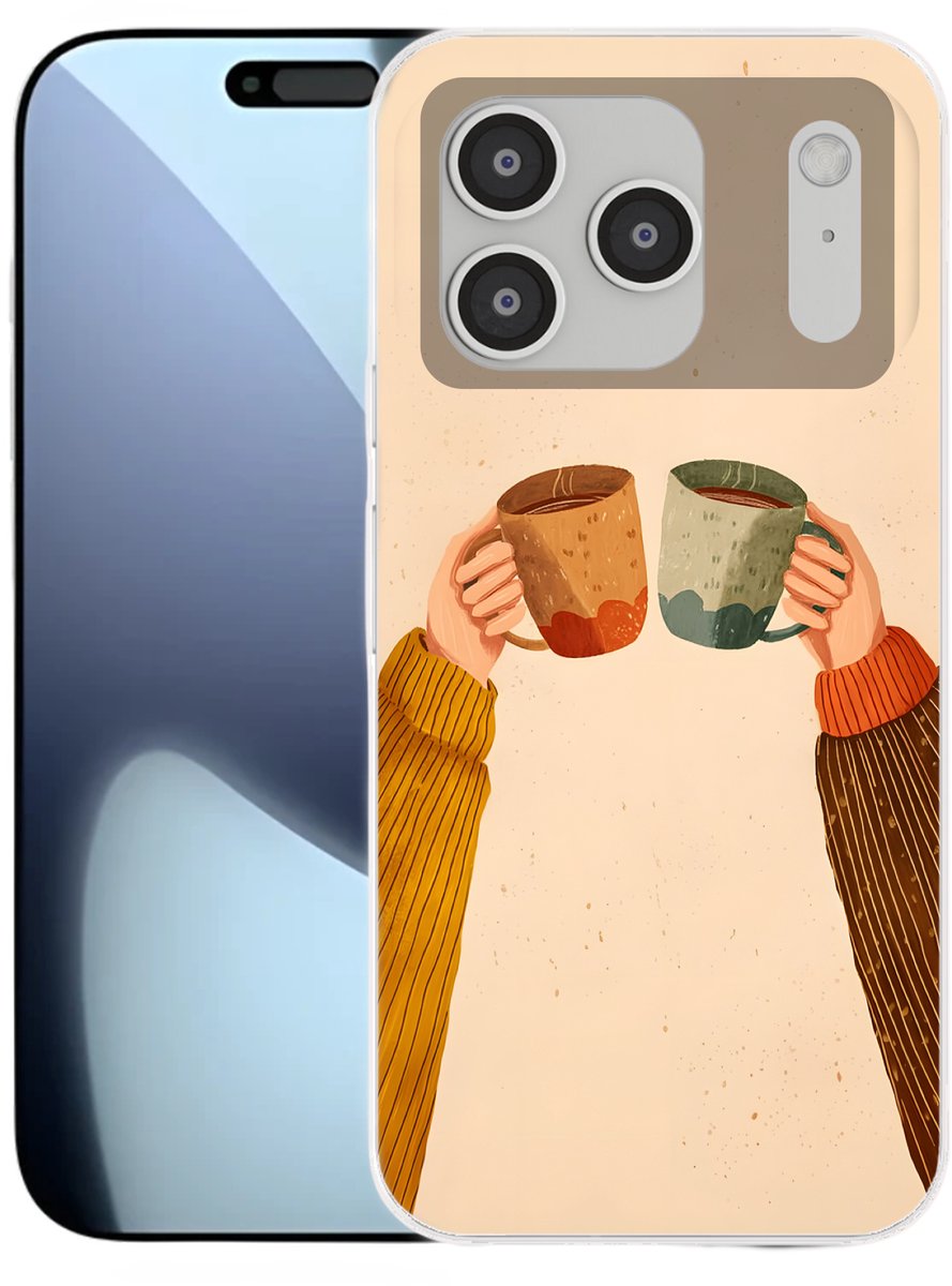 Telefoonhoesje Geschikt voor iPhone 17 Pro hoesje - Illustratie - Mokken - Proosten - Bruin - Siliconen Telefoonhoesje Telefoonhoesje