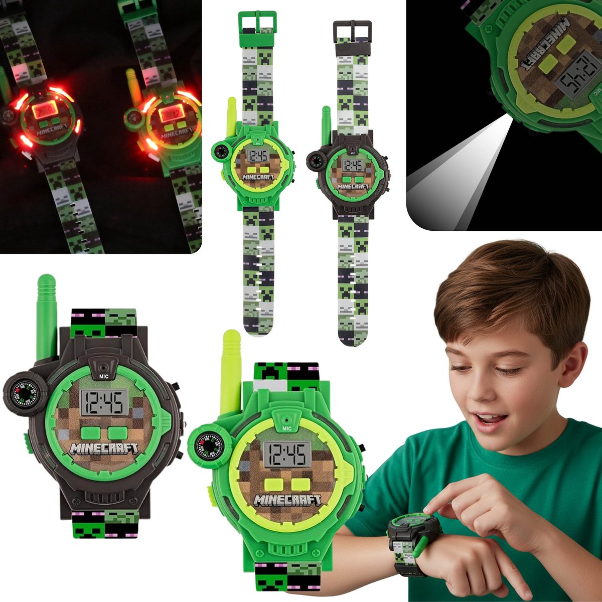 MINECRAFT Creeper Set horloges met walkietalkiefunctie voor kinderen, WALKIE-TALKIE, zaklamp, kompas, BEREIK 200 m