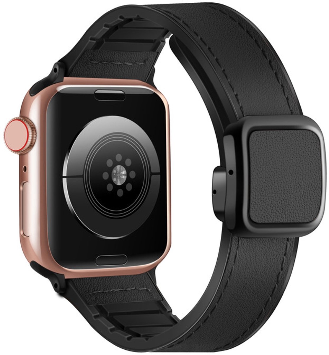 Hybride Leren bandje - geschikt voor Apple Watch series 1/2/3/4/5/6/7/8/9/10/11/ SE (1,2,3) / Ultra (1,2,3) met maat 44 mm / 45 mm / 46 mm / 49 mm - leer met siliconen - zwart