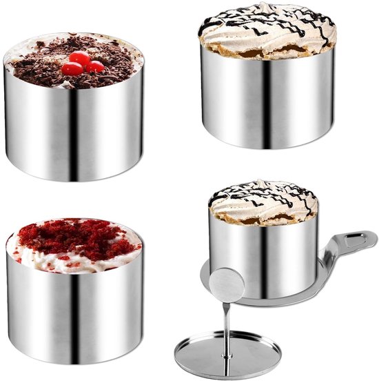 thumbnail: Set Van 4 Dessertringen 7,5 Cm - RVS Serveerringen Met Uitsteker En Aanstamper - Voor Mousses En Taarten