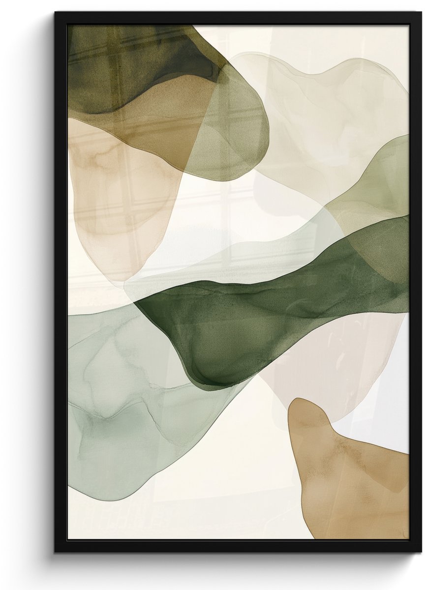 FrameYourWall Poster in lijst - Fotolijst 60x90 cm - Posters - Japandi - Abstract - Groen - Posterlijst zwart - Decoratie - Wanddecoratie woonkamer - Muurdecoratie slaapkamer