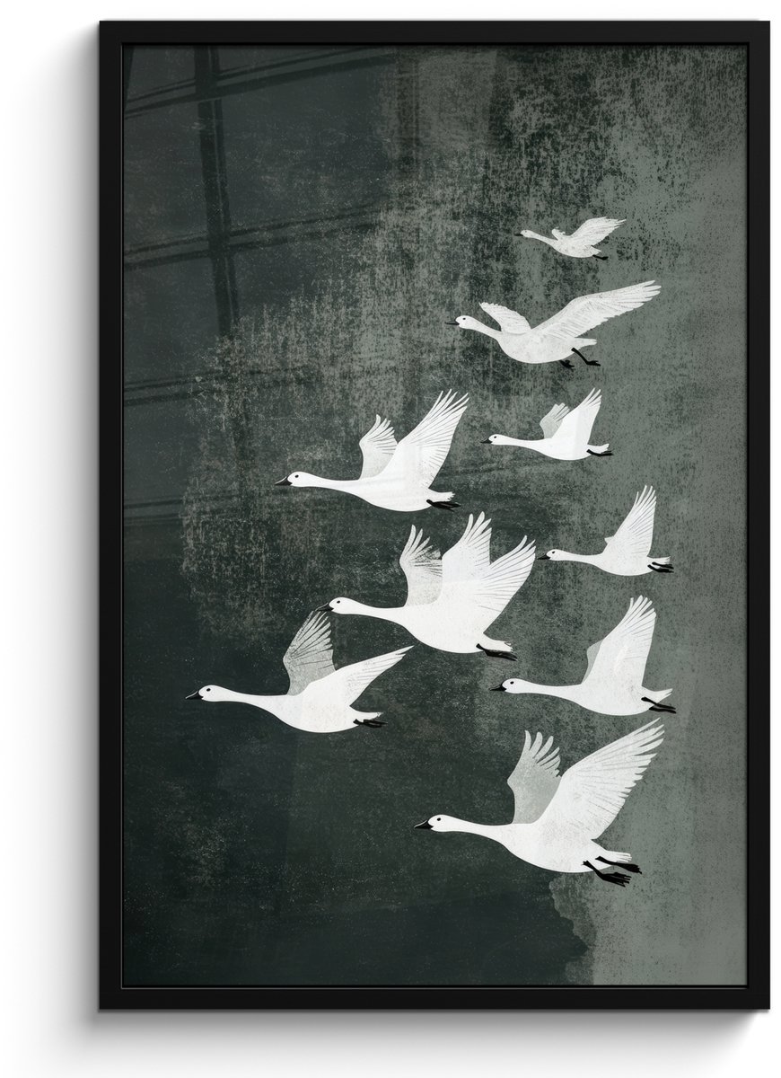 FrameYourWall Poster in lijst - Fotolijst 60x90 cm - Posters - Vogel - Japandi - Groen - Posterlijst zwart - Decoratie - Wanddecoratie woonkamer - Muurdecoratie slaapkamer Vogels