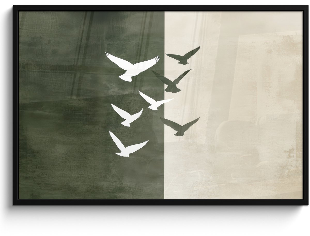 FrameYourWall Poster in lijst - Fotolijst 120x80 cm - Posters - Japandi - Vogel - Groen - Posterlijst zwart - Decoratie - Wanddecoratie woonkamer - Muurdecoratie slaapkamer Vogels