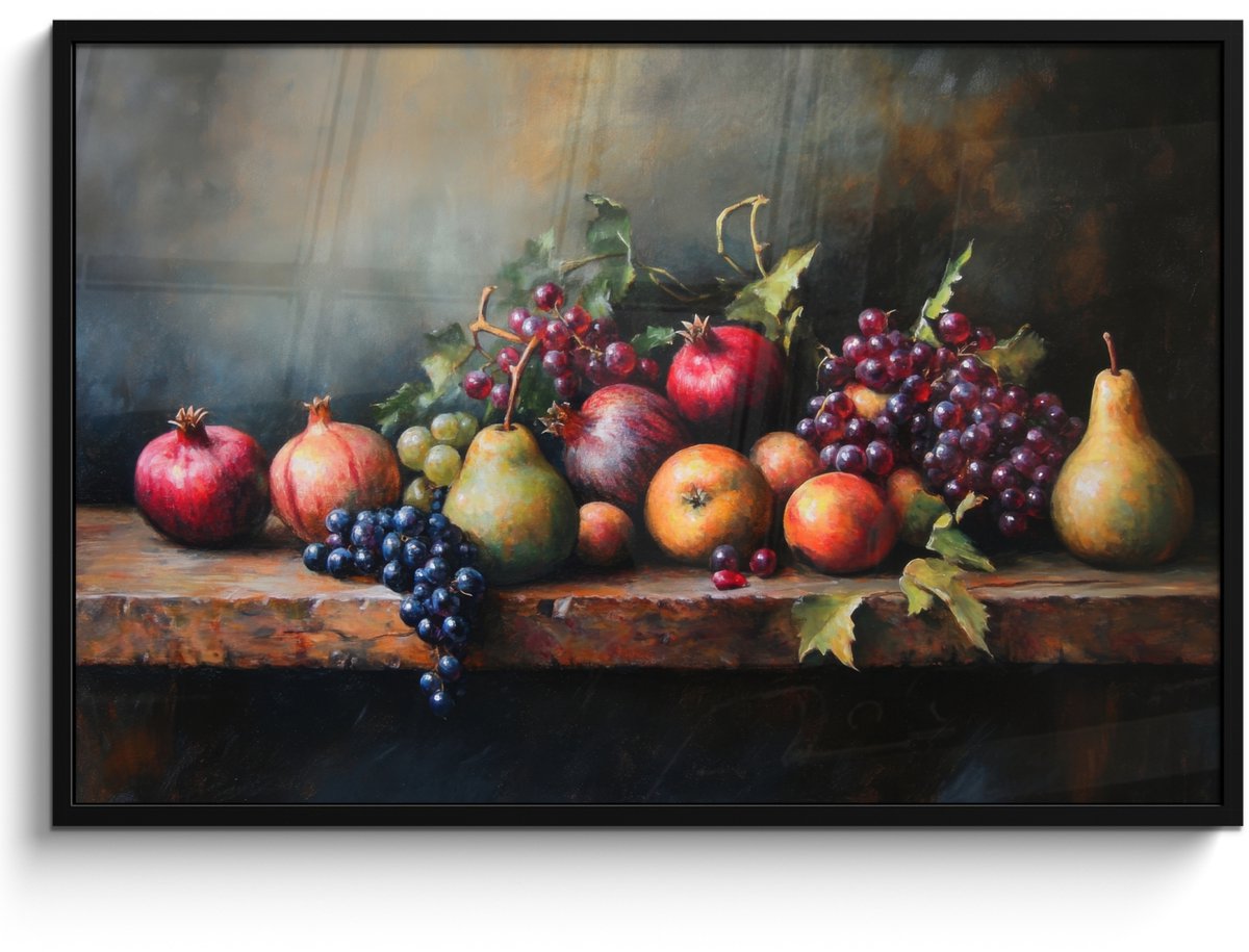 FrameYourWall Poster in lijst - Fotolijst 120x80 cm - Posters - Rustiek - Stilleven - Fruit - Posterlijst zwart - Decoratie - Wanddecoratie woonkamer - Muurdecoratie slaapkamer Fruit tafel - Stilleven