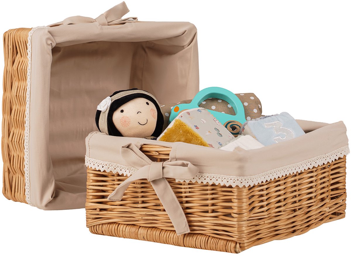 The Wicker Stories – Set van 2 rieten mandjes met beige stof – Handgemaakt in Europa van natuurlijke wilg – UNESCO-traditie – Ideaal voor picknicks en opbergen