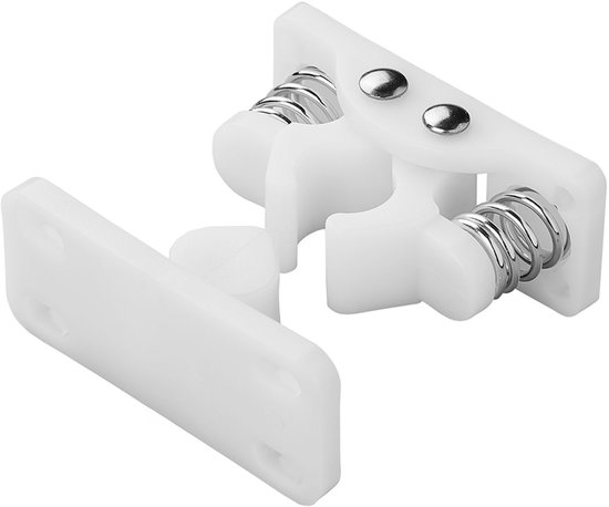 Witte deurvanger met metalen veren en scharnierende sluiting, geïsoleerd op een witte achtergrond.