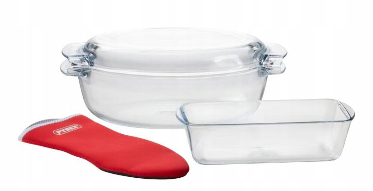 Pyrex Ovenschaal 5.8L met Deksel, Cakevorm & Ovenwanten