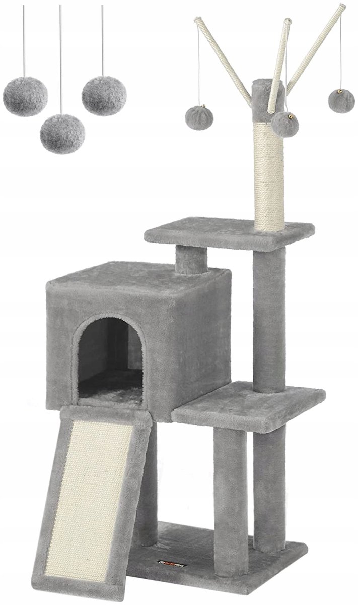 Kattenkrabpaal met meerder niveaus, waarin een comfortabele rustplaats is ondergebracht
