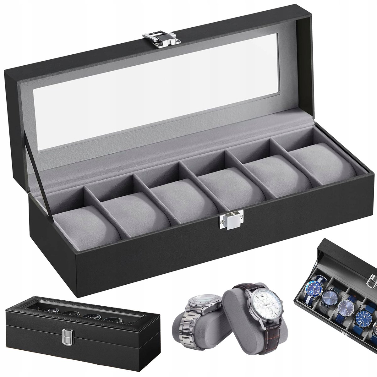 Zwart Horloge Kist 6 Vakken Organizer met Glazen Deksel