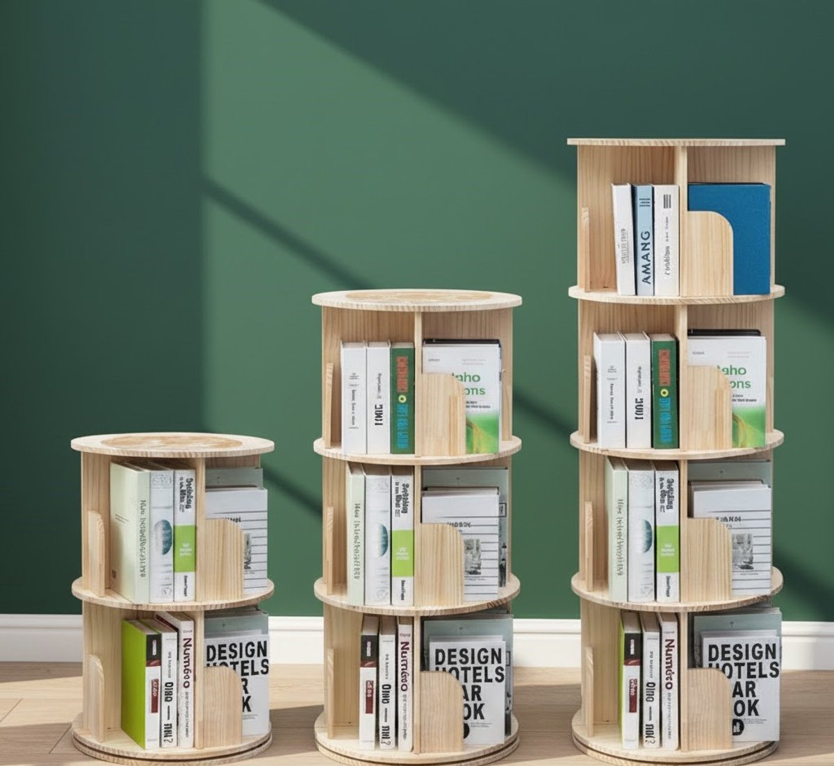 Moderne 360° Draaibare Boekenplank – 4-Lagen Staande Boekenkast van Massief Hout – Rond Boekenrek met Rotatiefunctie voor Woonkamer, Kinderkamer & Kantoor – Duurzaam, Stabiel en Stijlvol