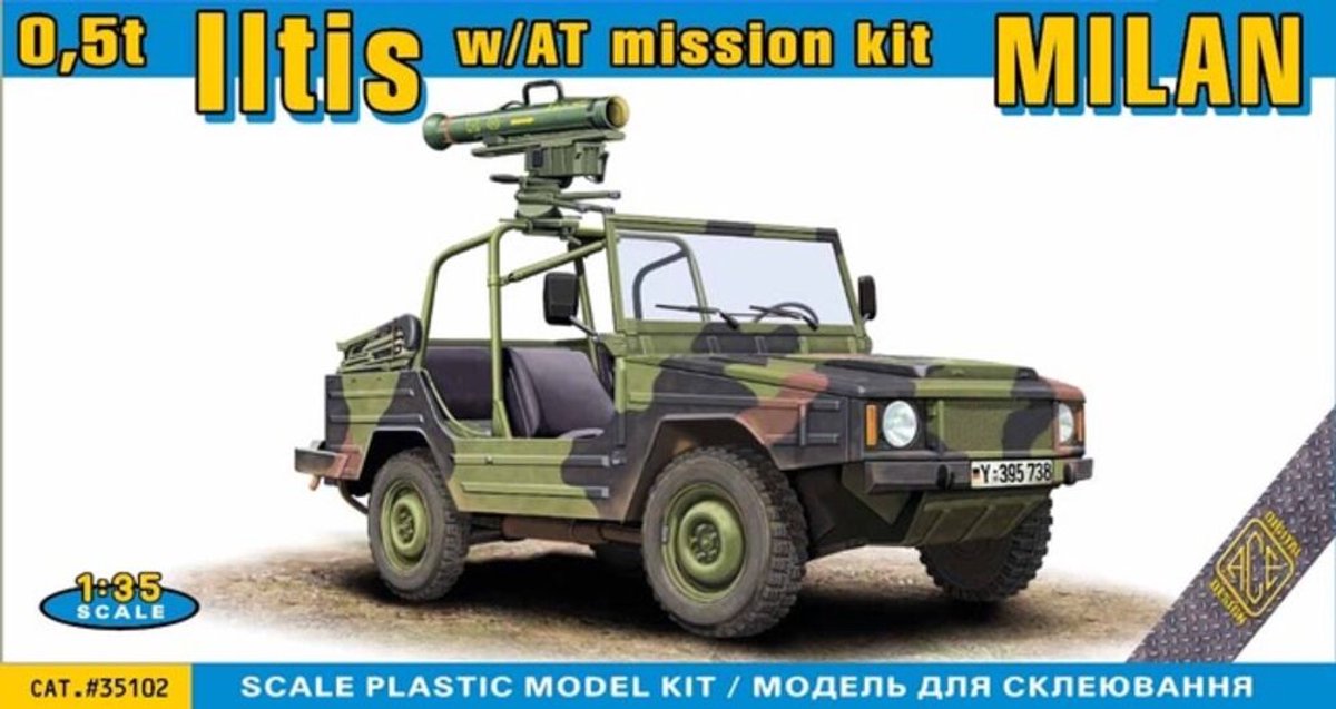 ACE Modelbouwpakket Militaire voertuigen - 35102 0,5t Iltis 4x4 - Duitse Lichte Terreinwagen met MILAN Antitankraket - Militair Voertuig Plastic - 1:35 - Modelbouw