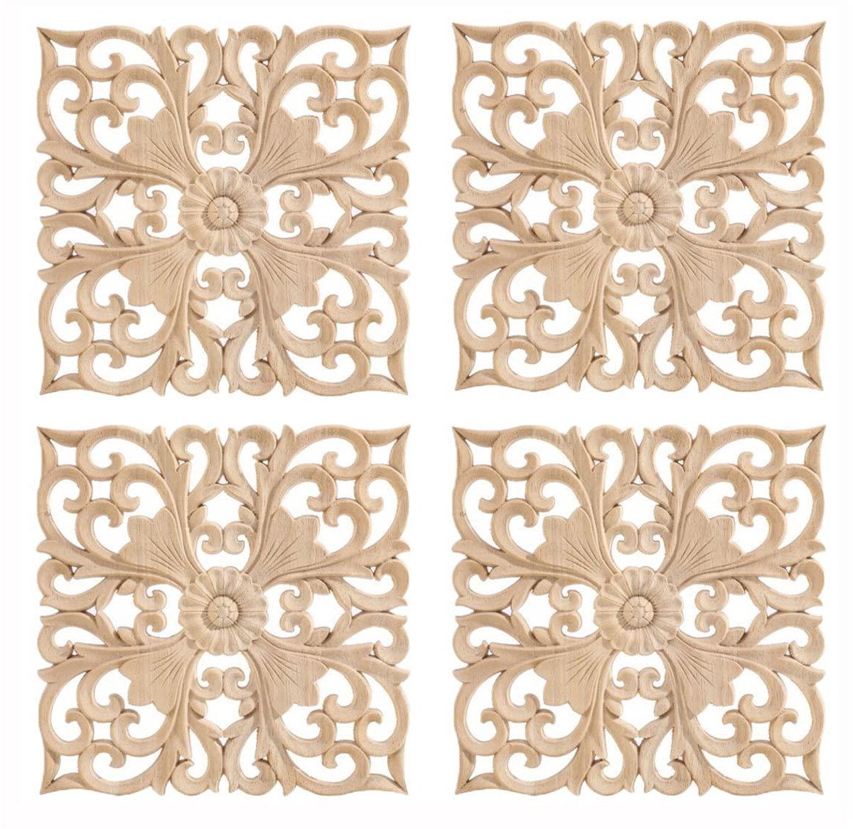Allecto plus - Houten gesneden Onlay Applique 4 stuks - Meubels DIY decoratie - Europese stijl stickers - Woondecoratie - Muren, deuren, kasten, ramen - 5,9 x 5,9 - Ongeverfd.