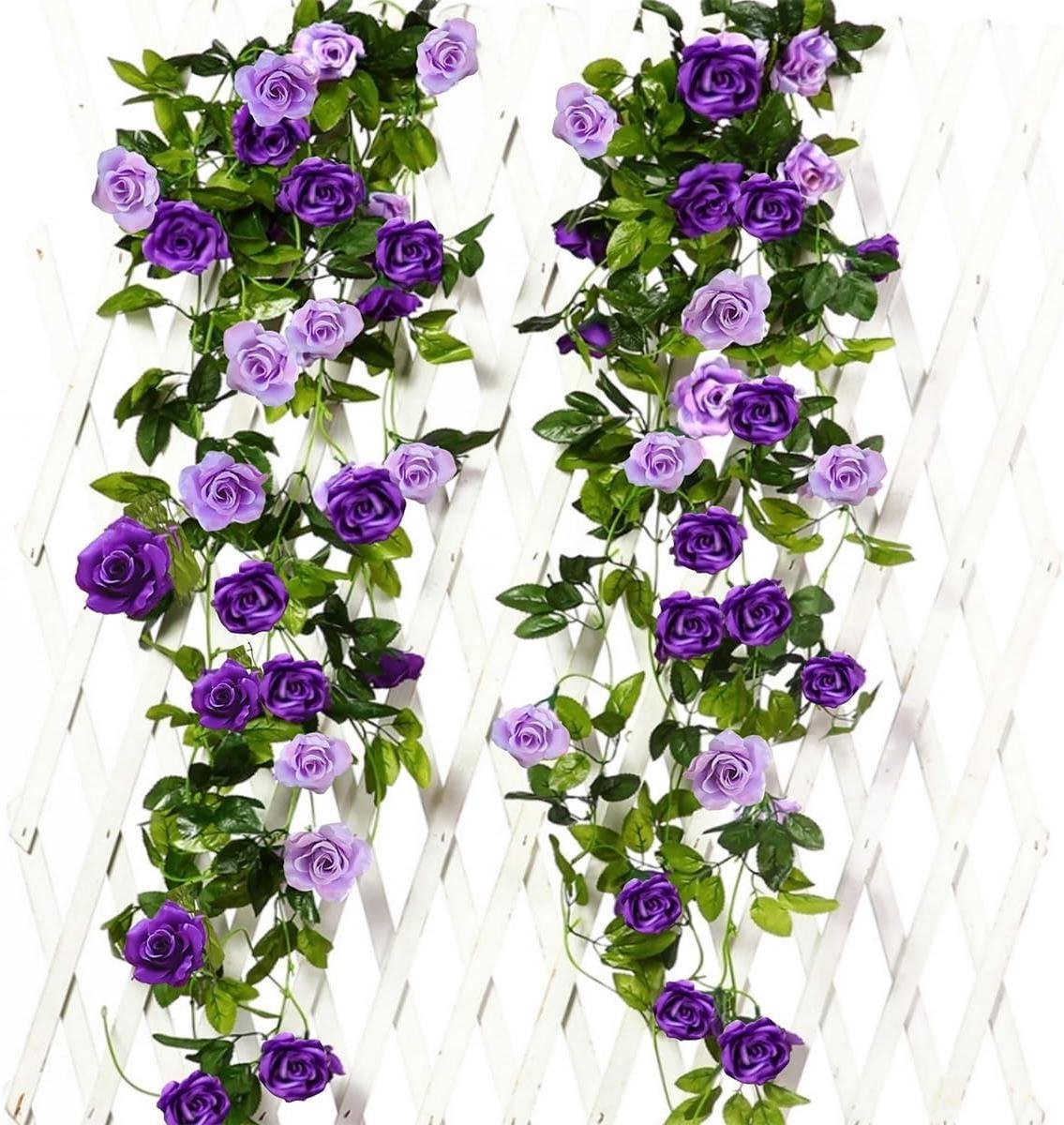 Allecto plus - Lange kunstrozenslingers 240 cm (2 stuks) voor binnen- en buiten decoratie - Paarse kunstbloemen voor bruiloft en muurdecoratie