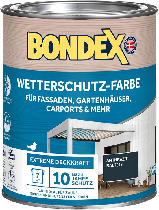 Peinture résistante aux intempéries Bondex Anthracite ( RAL 7016) 0 L pour 7 m² | Extrêmement opaque | Excellente résistance aux intempéries | Brillant comme la soie | Peinture résistante aux intempéries | Peinture bois