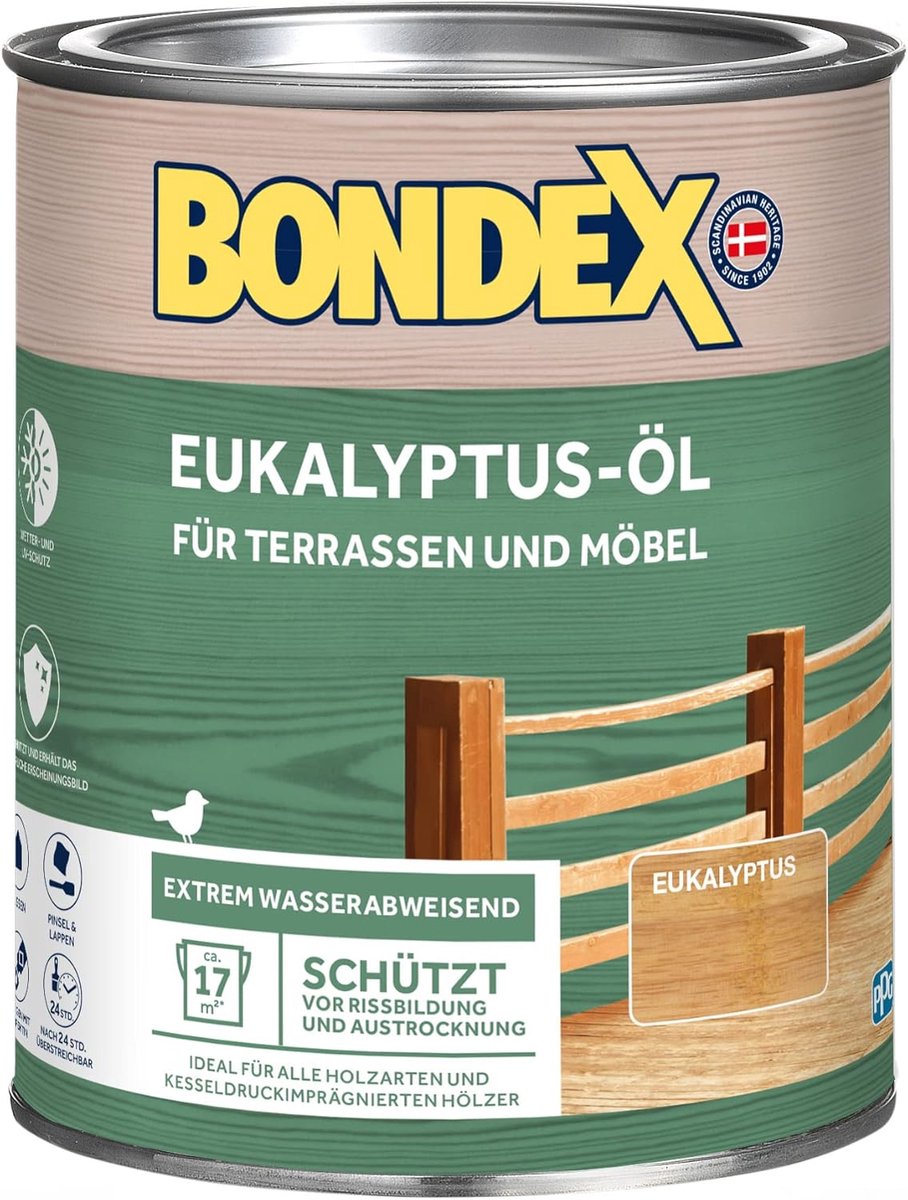 Bondex Eucalyptusolie 0,75 L voor 17 m² | Extreem waterafstotend | Beschermt tegen scheuren en uitdroging | Ademend | Zijdeglans | Houtolie | Houtbescherming