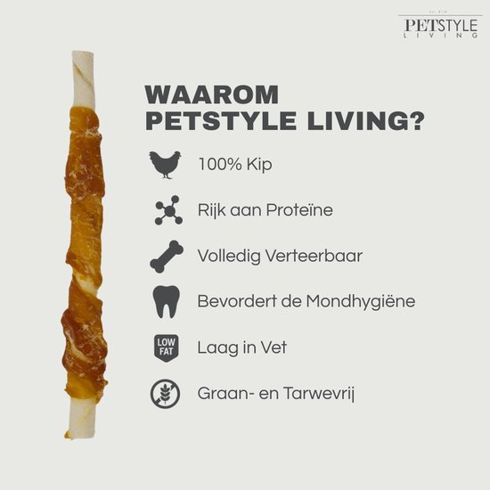 Petstyle Living Gedraaide Sticks met Kip - Hondensnacks - 12,5cm - 100 Stuks - Kauwstaaf Hond