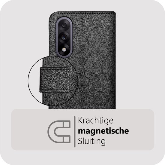 Étui de téléphone noir avec une fermeture magnétique solide et un gros plan du fermoir.