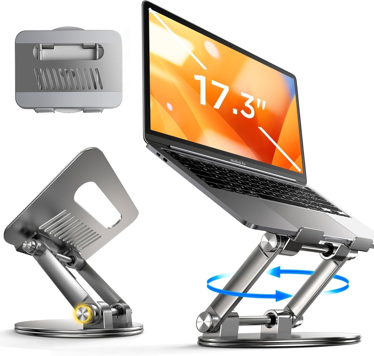 Qrenova Laptop Standaard Verstelbaar – 360° Draaibaar & Ergonomische Laptop Verhoger Bureau – Aluminium Opvouwbaar t/m 16 inch – Zilver