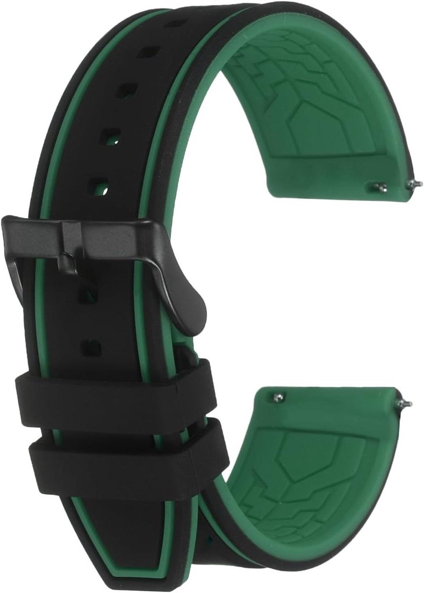 Allecto plus - 22 mm zachte siliconen horlogebandje met snelsluiting en matzwarte gesp - zwart-groen - universeel formaat, voor mannen en vrouwen, horlogeband met riem-lus