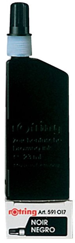 Zwarte Rotring tekeninkt, Art. 591 017, met schroefdop en smalle tuit. Inhoud 23 ml.