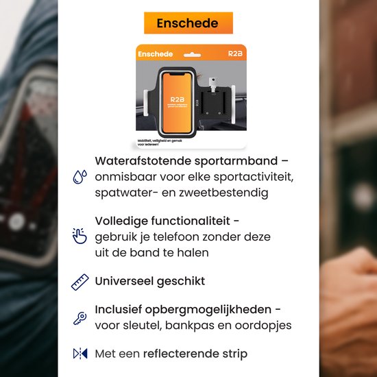 Zwarte, waterafstotende sportarmband met reflecterende strip en opbergvakken.
