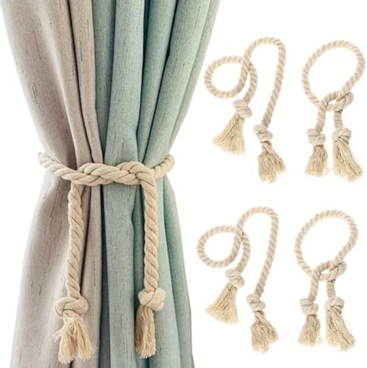 PromoHome 4 Stuks Handgeweven Gordijnbinders - Katoenen Gordijnhouders en Gordijntouw Embrasses - Beige Decoratieve Gordijnclips voor Slaapkamer, Kantoor en Huisdecoratie
