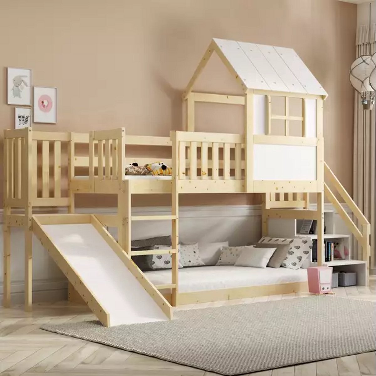 BMS Bunk Bed House - 90x200 cm - Natuurlijk Hout - Met Glijbaan en Dak